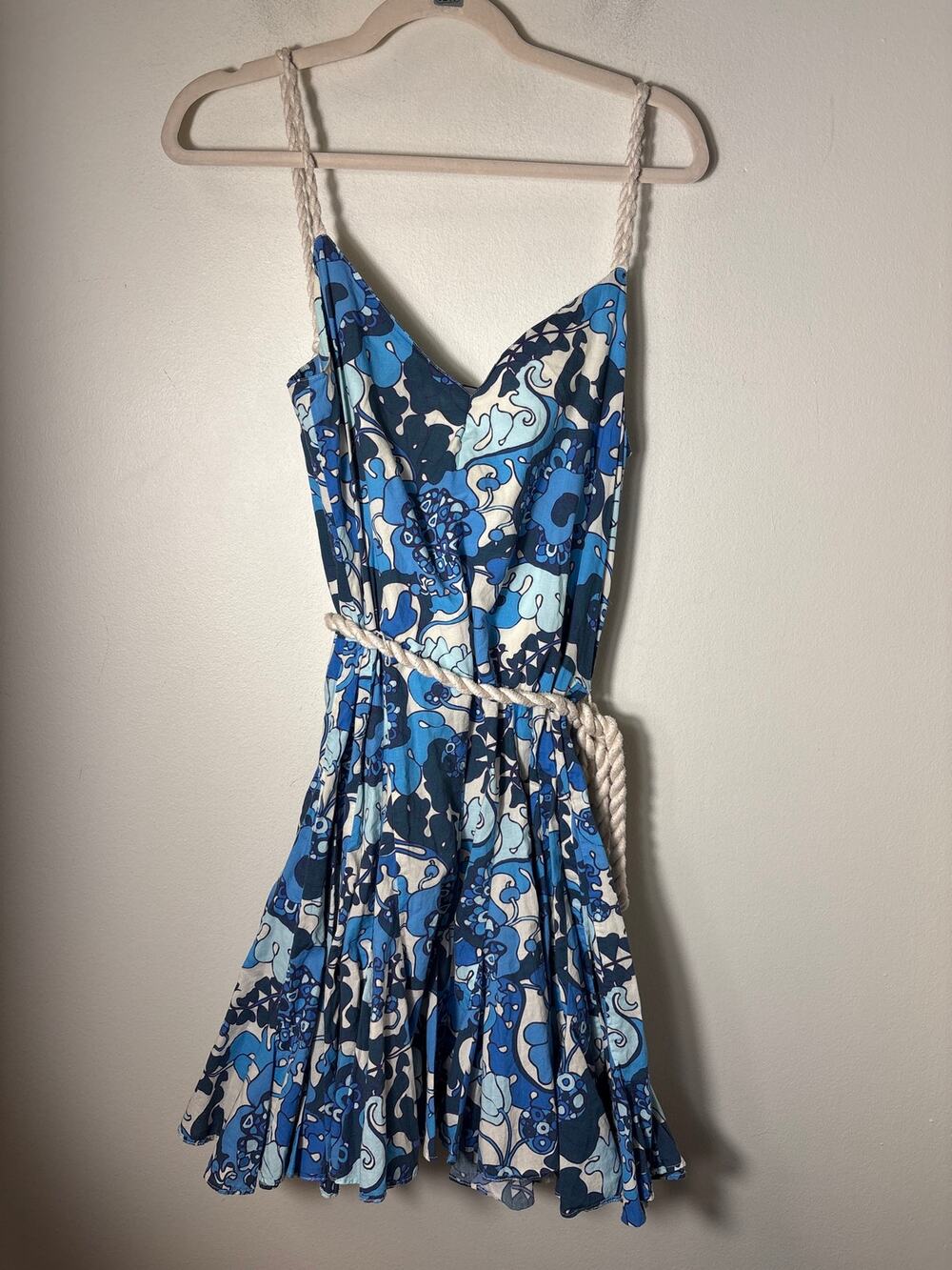 Rhode Blue and White Rope V Neck Mini Dresss Sz M